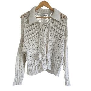 American Eagle Crochet Open Knit Polo Shirt Size M Cream Tassel Cottage Beachy